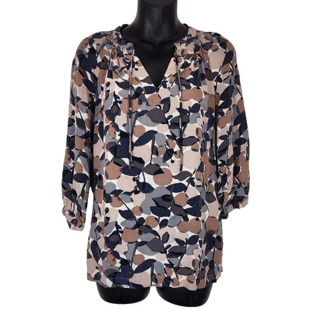 Boden V-Neck Blouse Womens 4‎ Brown Gray Leaf Print 3/4 Sleeve WA370 *MINOR FLAW